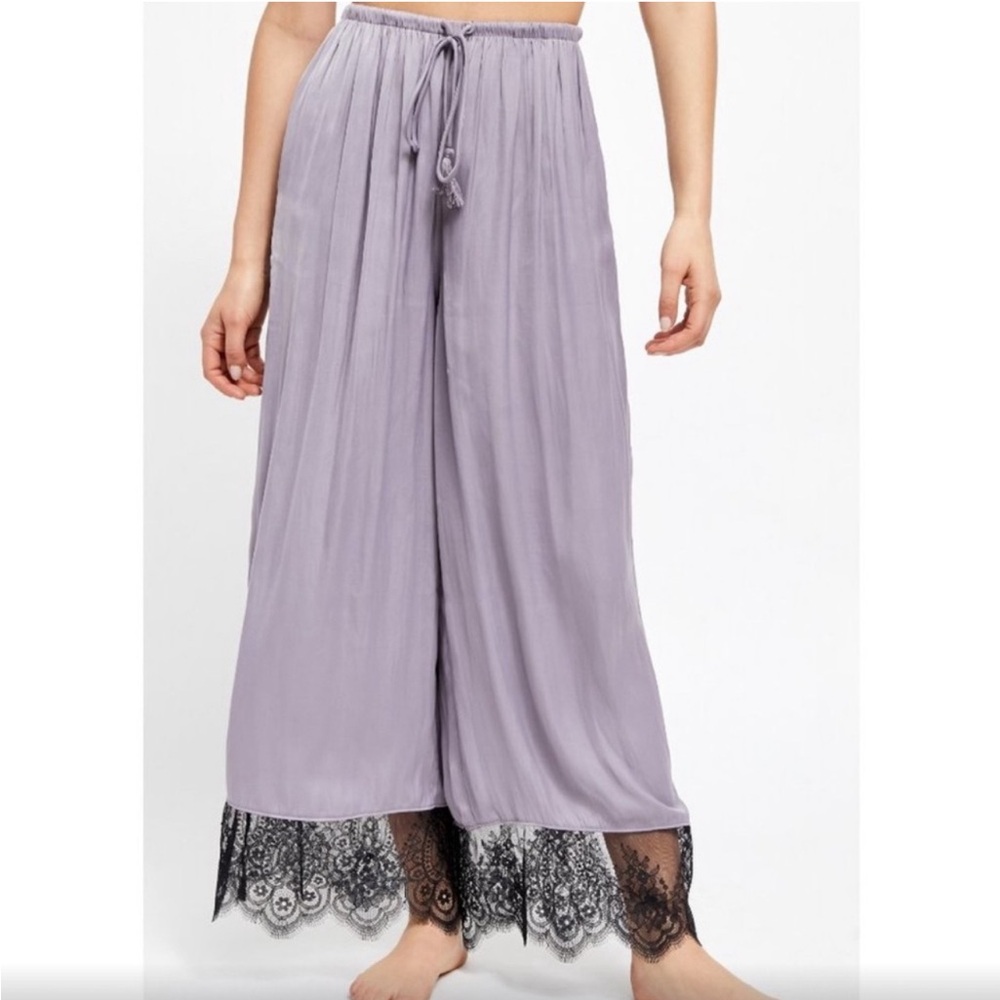 Free People Lavender Lace-Trim Wide Leg Sleep Pants